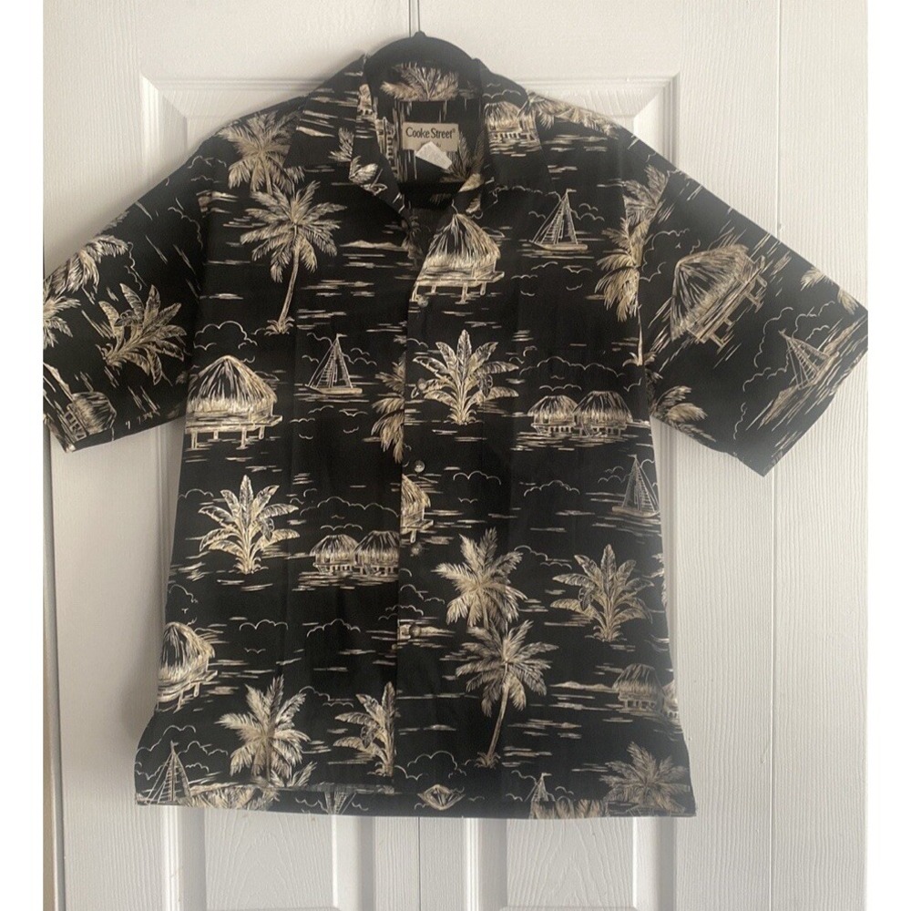 Cooke Street Honolulu‎ Hawaiian Shirt Mens M Black Tan Palm Tree Sailboat Cotton